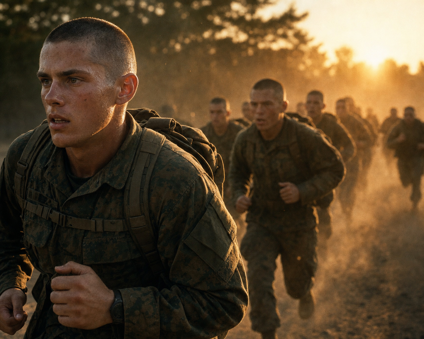 Military basic training recruits running in formation at dawn