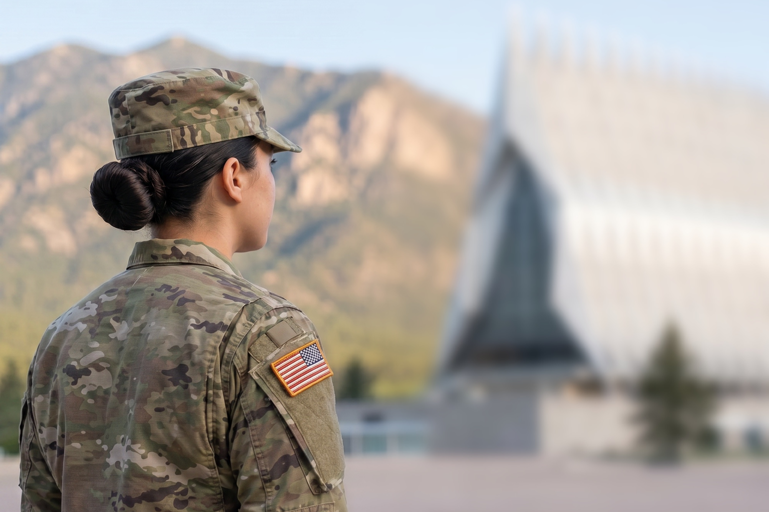 A U.S. Air Force Academy cadet in Service Dress, USAFA Cadet Chapel in the distance — the standard FORGE prepares students to compete for